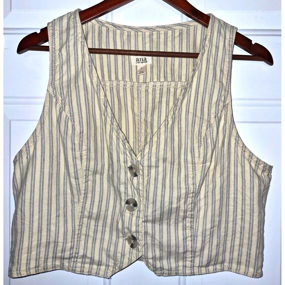 a.n.a Striped Linen Cotton Button Front V-Neck Sleeveless Vest Women's L